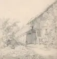 Wilhelm Witthöft, Altes Haus mit Wäscherin, 1836, Bleistiftzeichnung