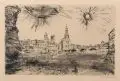 Ernst Hassebrauk, Dresden mit Sonne, 1949, Kaltnadelradierung mit leichtem Plattenton auf kräftigem Japanbütten