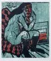 Reinhold Herrmann, Akt auf rotem Sessel, 1992, Farbholzschnitt in drei Farben auf wolkigem, festen Papier