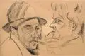 Eric Johansson, Zwei Raucher ( Doppelportät Eric Johansson und Conrad Felixmüller?). 1920er Jahre, Kohlestiftzeichnung auf bräunlichem Papier
