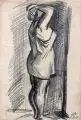 Curt Querner, Stehende Frau im Hemd von rechts (ohne Füße), 1959, Grafitzeichnung auf feinem Papier