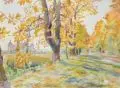 Hubert Rüther, Herbst in Moritzburg, 1934, Aquarell über Grafit auf Torchon