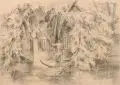 Ottomar Starke, Tête-à-tête am Parkufer, 1921, Kohlestiftzeichnung auf leichtem gelblichen Karton