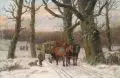 Caesar Bimmermann, Abendliche Winterlandschaft mit Holzfuhrwerk, 1879, Öl auf Leinwand