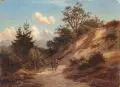Heinrich Hermann, Südliche Gebirgslandschaft mit Eselsreiterin und Bauer im sandigen Hohlweg, 1864, Öl auf Leinwand