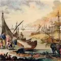 Joseph Vernet, (ausschnitthafte Kopie nach), Belebte Küstenszene. Wohl 19. Jh, Hinterglasmalerei auf mundgeblasenem Glas