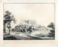 Christian Gottlob Hammer, Vue occidentale de la forteresse de Königstein en Saxe, 1815, Kolorierte Umrissradierung