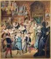 Eugen Johann Klimsch, Festliche Gesellschaft in historischen Kostümen, 1879, Aquarell und Federzeichnung in brauner Tusche, partiell goldfarben gehöht, auf Bütten