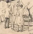 Eric Johansson, Im Malsaal Zwintscher, 1916, Federzeichnung in Tusche auf bräunlichem Karton