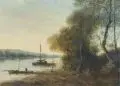 Henri Gounin, Abendstimmung am Fluss mit Fischerbooten. Ende 19. Jh, Öl auf Leinwand