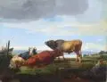 Friedrich Simmler, Viehstück mit Stier, zwei Kühen und Schafen, 1831, Öl auf Leinwand