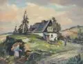 ? Hofmann-N., Bäuerin in einer Berglandschaft mit Haus / Heimkehrende Bäuerin in einer Berglandschaft. 20. Jh, Öl auf Leinwand, auf Pappe kaschiert / Öl auf Hartfaser