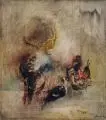 Renate Jüttner, Abstraktes Stillleben, 1982, Öl auf Hartfaser