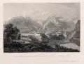 Johann Hürlimann, Vue du Château de Razuns, du Mont Galanda et du Chemin du Mont de Gunkels, Um 1840, Aquatinta auf festem Papier nach Johann Ludwig Bleuer