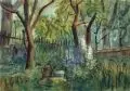Elisabeth Ahnert, Im Garten (mit Rittersporn und Gießkanne). 1930er Jahre, Aquarell über Bleistift auf kräftigem Papier