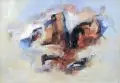 Katrin Feist, Abstrakte Komposition in Blau-Orange, 2000, Aquarell, Deckfarben und farbige Kreide auf Papier