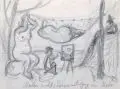 Peter Graf, Maler malt Sonnenuntergang am Meer, Grafitzeichnung auf kräftigem Papier