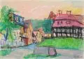 Ernst Hassebrauk, Altes Fischerhaus a. d. Elbe in Loschwitz, 1973, Farbkreidezeichnung (Fettkreide) auf festem Papier