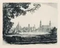 Hans Kirst, Drei Ansichten von Dresden (Türkenbrunnen und Frauenkirche, Altstadtpanorama, Altmarkt). Wohl 1950er Jahre, Radierungen auf festem Papier