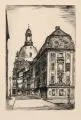 Siegfried Mackowsky, und andere Künstler, Vier Ansichten von Dresden (Frauenkirche, Salzgasse, Wallpavillon des Zwingers). Wohl um 1920, Radierungen auf wolkigem bzw. festem Papier sowie ein Linolschnitt auf Japan