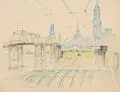 Georg Nerlich, Dresden - Blick über den Grundbau der Augustusbrücke zum Schloss während des Wiederaufbaus