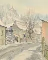Hans Rothe, Sächsische Dorfstraße im Winter / Blick von Oberloschwitz auf das Blaue Wunder und Dresden. 1965 /1961, Aquarell über Federzeichnung in Tusche/ Aquarell über Blei auf festem Papier