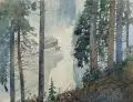 Simon Georg Schwalb, Wasserfall in einem Gebirgswald, 1928, Aquarell über Blei