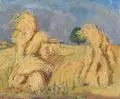 Elsa Munscheid, Erntelandschaft mit Kornpuppen, 1947, Öl auf Malpappe