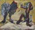 Frank Panse, Figur und Drache, 1989, Öl auf Rupfen