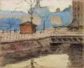 Otto Guth, Am Kanal (in Leipzig), Kohlestiftzeichnung, farbige Pastellkreiden und Aquarell auf bräunlichem Papier