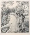 Ursula Schade, Landstraße Moritzburg, 1942, Bleistiftzeichnung auf leichtem Karton mit geprägtem Rand