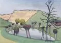 Fritz Tröger, Teich mit Kopfweiden im Frühling, 1947, Aquarell und Federzeichnung in Tusche über Grafit