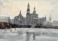 Irmgard Uhlig, Blick auf die Dresdner Altstadt bei Hochwasser, 1944, Aquarell auf "Schoellers Parole"-Aquarellkarton