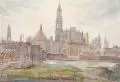 Irmgard Uhlig, Blick auf die zerstörte Dresdner Altstadt mit Augustusbrücke, 1948, Aquarell über Kohle auf "Schoellers Parole"-Aquarellkarton