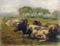 Johannes Wilhelm van der Heide, Rastende Kühe. Ohne Jahr, Öl auf Malpappe