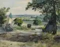 Alexander Lefort, Sommerlandschaft mit Planwagen. 1. H. 20. Jh, Öl auf Leinwand
