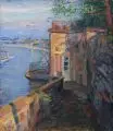 Johannes Paul Ufer, Elblandschaft mit Blick auf die Dresdner Altstadt. 1. H. 20. Jh, Gouache auf Papier, vollflächig auf Platte aufgezogen