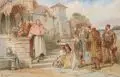 Charles Cattermole, Vor der Kirche. 2. H. 19. Jh, Gouache auf kaschiertem, dünnen Malkarton