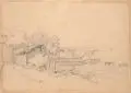 Adolph Heinrich Lier, (zugeschr.), Fischerhütten am Chiemsee. 3. Viertel 19. Jh, Bleistiftzeichnung auf kräftigem Papier