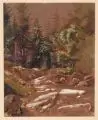 Karl Wilhelm Streckfuss, Waldbach. 2. H. 19. Jh, Gouache und Deckweiß auf braunem Zeichenkarton, vollflächig auf Untersatzpapier montiert