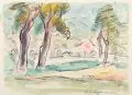 Anna Elisabeth Angermann, Landschaft mit Bäumen und Dorf. Mitte 20. Jh, Federzeichnung in Tusche und Aquarell auf Karton