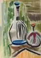 Gerd Böhme, Stillleben mit Glasflasche und Granatapfel / Stillleben mit Birne, Apfel und Glasflasche. Mitte 20. Jh, Aquarelle auf Velin