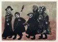 Wilhelm Grimm, Fünf Rummelpötte, 1983, Farbholzschnitt von drei Stöcken auf Japan