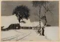 Michael Heinz, Norddeutsches Bauerngehöft im Schnee. Mitte 20. Jh, Kohlestiftzeichnung, Blei und weiße Kreide auf gelblichem Papier