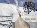 Wolfgang Holzhäuser, Winter am Dorfrand. 2. H. 20. Jh, Aquarell und Gouache über Kohle auf Torchon