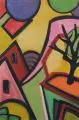 Fritz Keller, Landschaft mit Häusergiebeln und Baum. Wohl 1980er Jahre