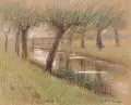 Helmuth Liesegang, Flußlandschaft mit Weiden. Anfang 20. Jh, Farbige Pastellkreide, partiell weiß gehöht, auf bräunlichem Papier, auf Karton montiert