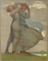 Karl Schmoll von Eisenwerth, Ein Windstoss, 1905, Farblithographie auf grauem Karton