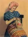 Horváth, Strickendes Mädchen in Trachtenhaube. Anfang 20. Jh, Öl auf Sperrholz