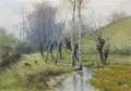 Emil Rieck, Weidenbestandener Bachlauf mit Rehen. Anfang 20. Jh, Öl auf Leinwand